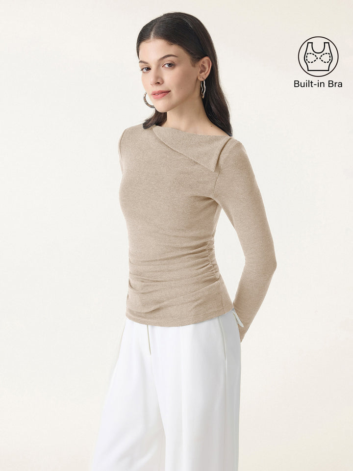 Light Warm Asymmetrical Fold-Over Side Ruched Brami Top Natural Calico XS