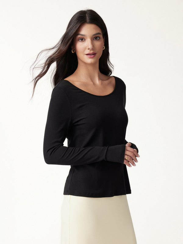 OGLmove Premium Lyocell-Wool Scoop Neck Thumbhole Long Sleeve Top Black XXS