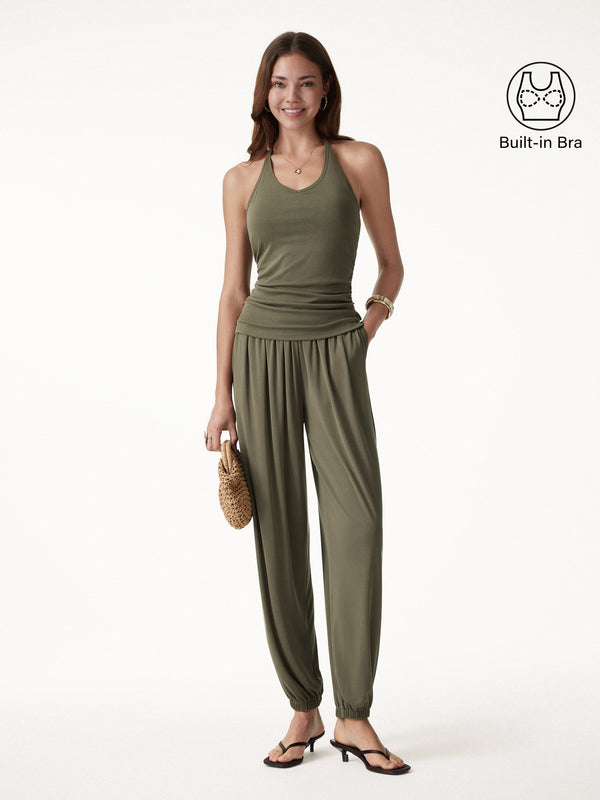 OGLmove 2Pcs Set Open Back Bra Top & Balloon Pants with Pockets