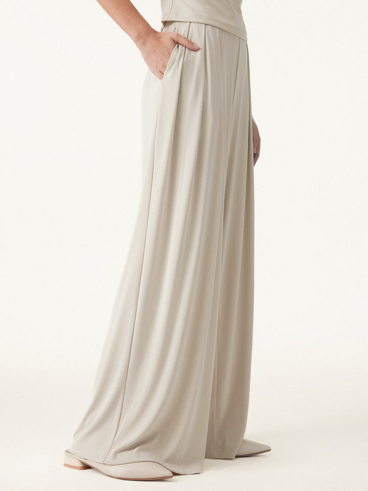 Sandwashed Mid Rise Pleated Wide Leg Palazzo Pants with Pockets