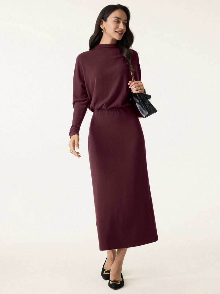 Mockneck Batwing Sleeve Cinched Waist Midi Dress Ruby XS