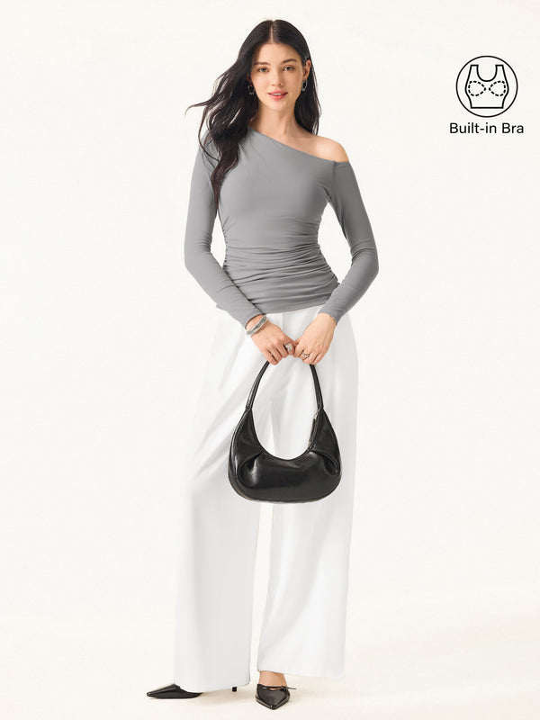 Asymmetrical Shoulders Long Sleeve Gathered Brami Top