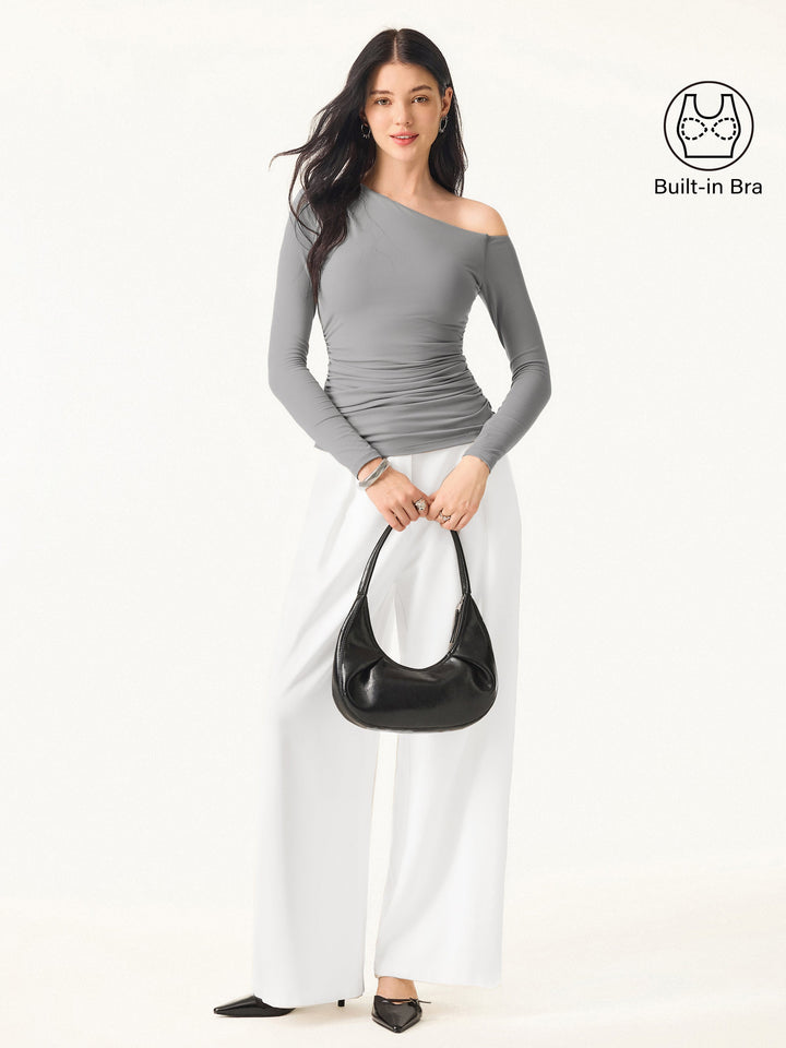 Asymmetrical Shoulders Long Sleeve Gathered Brami Top