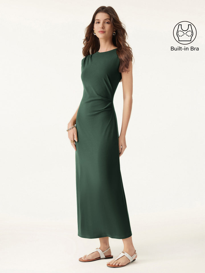 Flowy Sandwashed Crewneck Cap Sleeve Ruched Flared Maxi Brami Dress Fresh Jungle XS