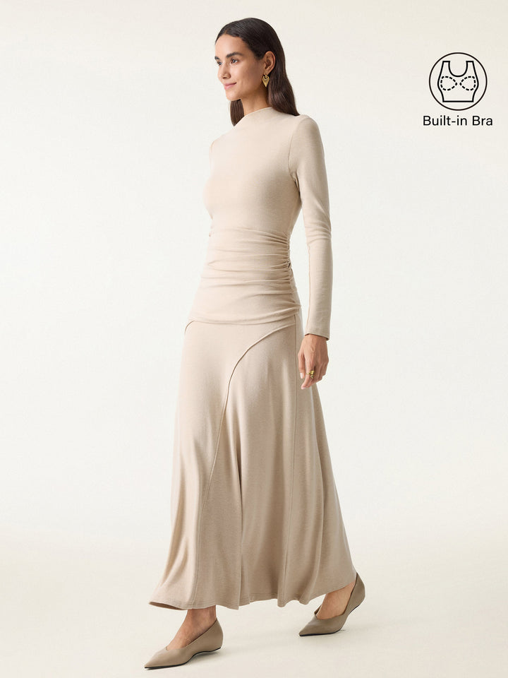 2Pcs Set Slanted Mockneck Ruched Brami & Mid Rise Pull-on Flared Maxi Skirt