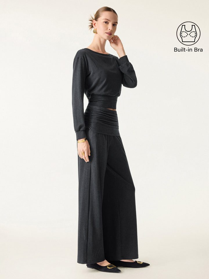 2Pcs Set Boatneck Brami & Drapey Wide Leg Pull-on Pants with Pockets