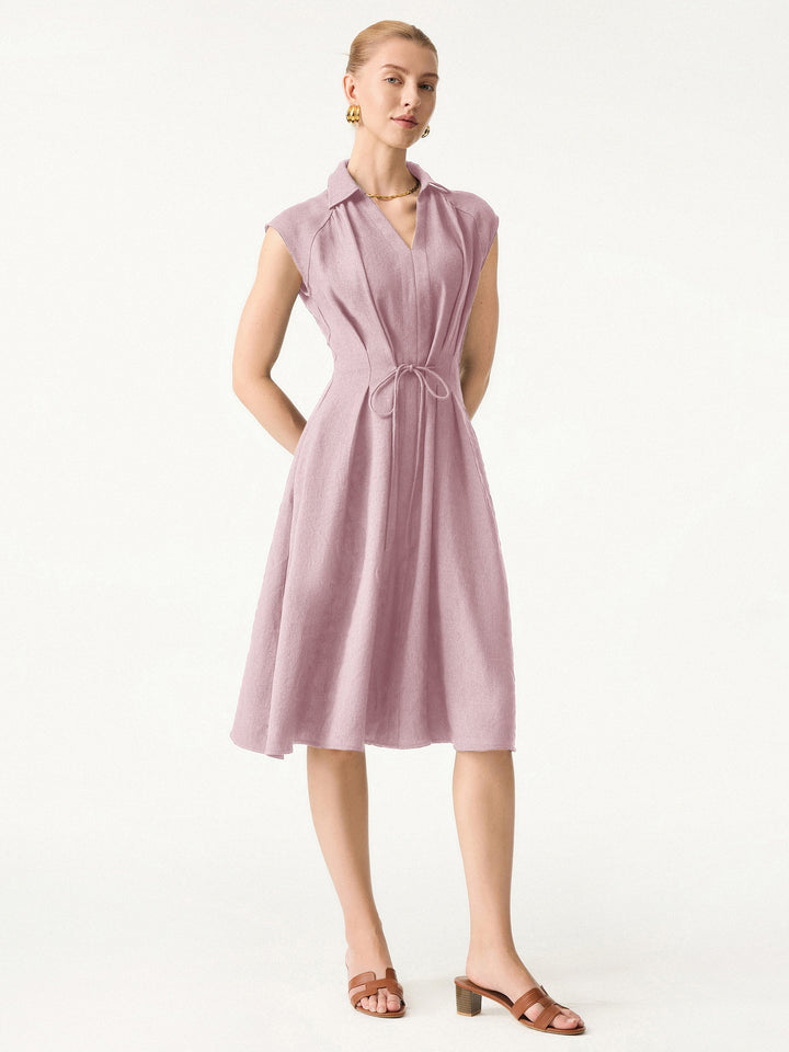 Viscose-Linen Collared V-neck Midi Dress with Drawstring Soft Pink XS