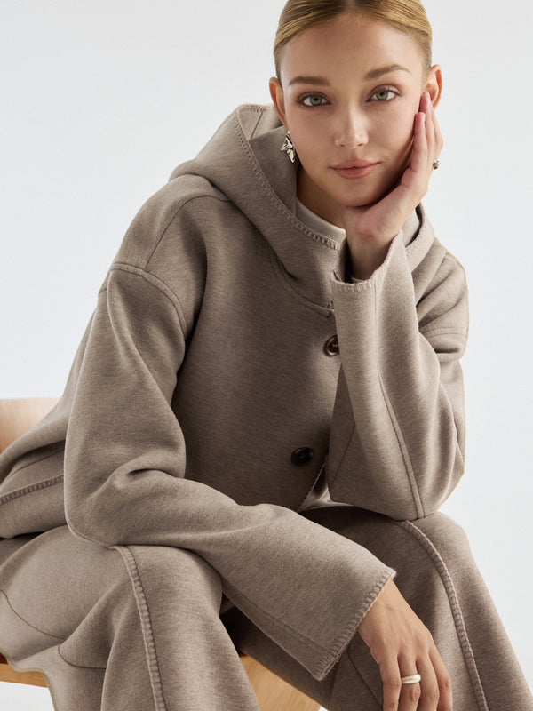 OGLmove 2Pcs Set Hooded Long Sleeve Jacket with Pockets & Mid-Rise Wide-Leg Pants with Pockets Heather Tapestry XXS