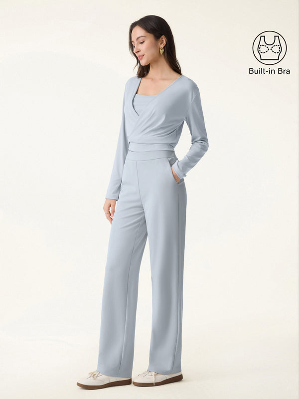 2Pcs Set Modal 2-in-1 Wrap Brami Top & Straight Leg Pull-on Travel Pants