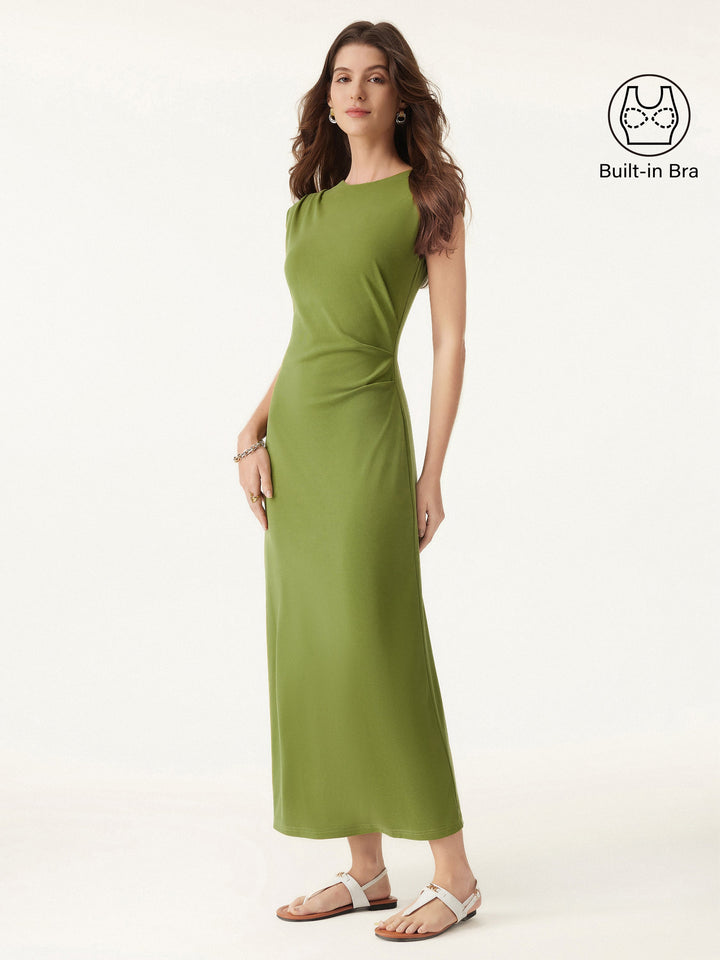Flowy Sandwashed Crewneck Cap Sleeve Ruched Flared Maxi Brami Dress