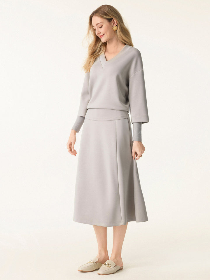 2Pcs Set V-neck Top with Sleeve Warmers & Mid Rise Flared Midi Skirt with Pockets