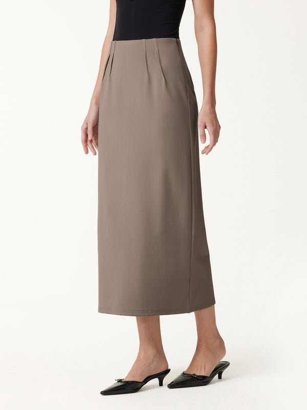 OGLmove Ponte High-Rise Side-Tuck Column Midi Skirt Coffee Brown XXS