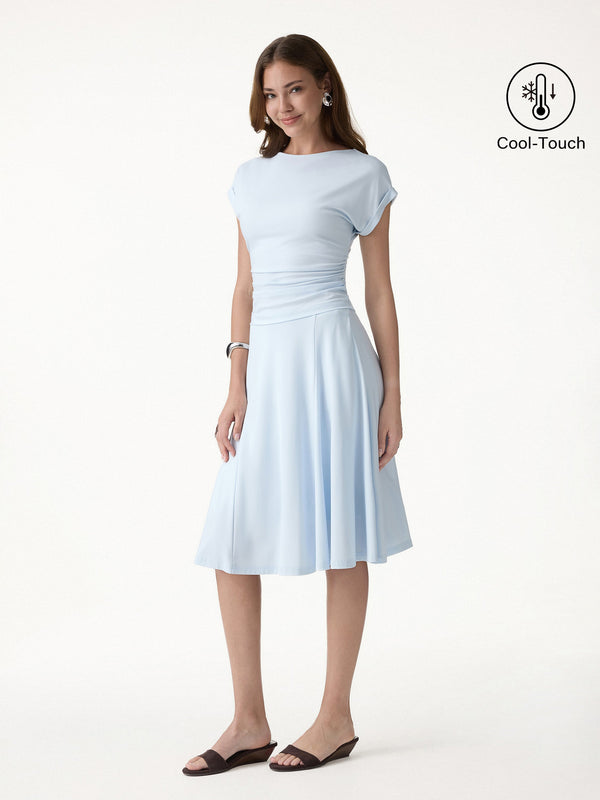 OGLmove 2Pcs Set Round Neck Tee & Midi Skirt with Pockets