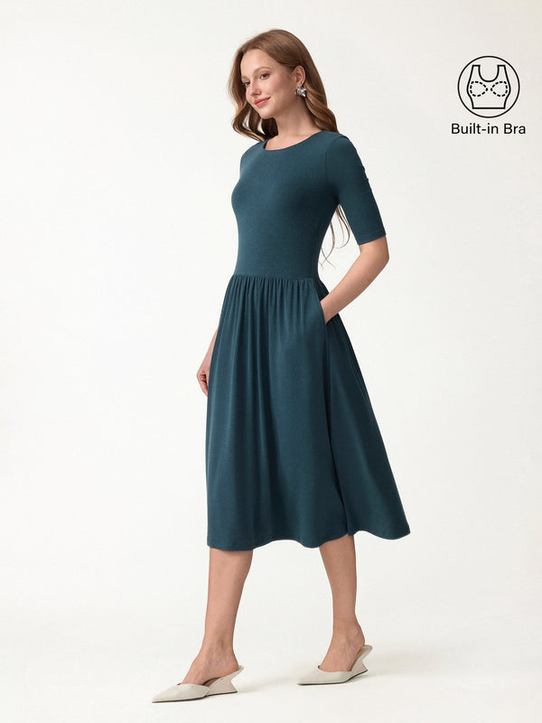 OGLmove LiteWarm Round Neck Fit-and-Flare Midi Built-In Bra Dress with Pockets Forest Night XXS