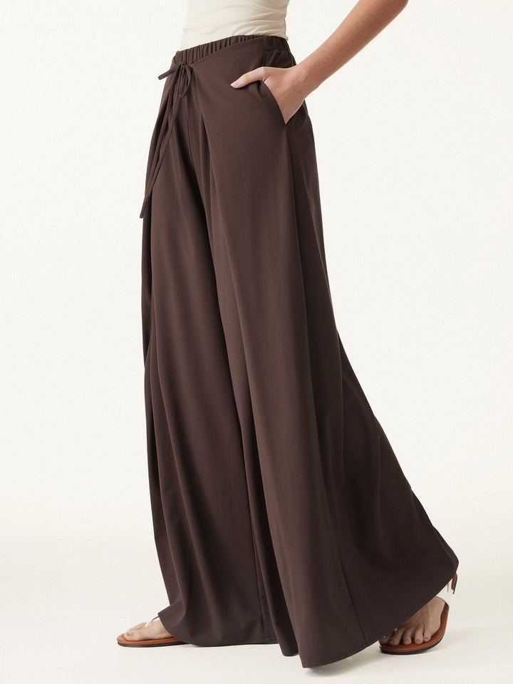 Bamboo Ponte Wrap-tie Palazzo Pants with Pockets Walnut XS