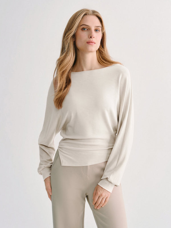 OGLmove LiteWarm Boatneck Long Sleeve Asymmetrical Hem Top Ivory Beige XXS