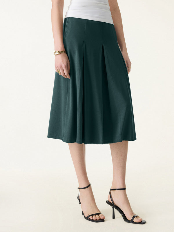Stretchy Mid Rise A-line Pleated Skirt with Pockets Deep Water XS