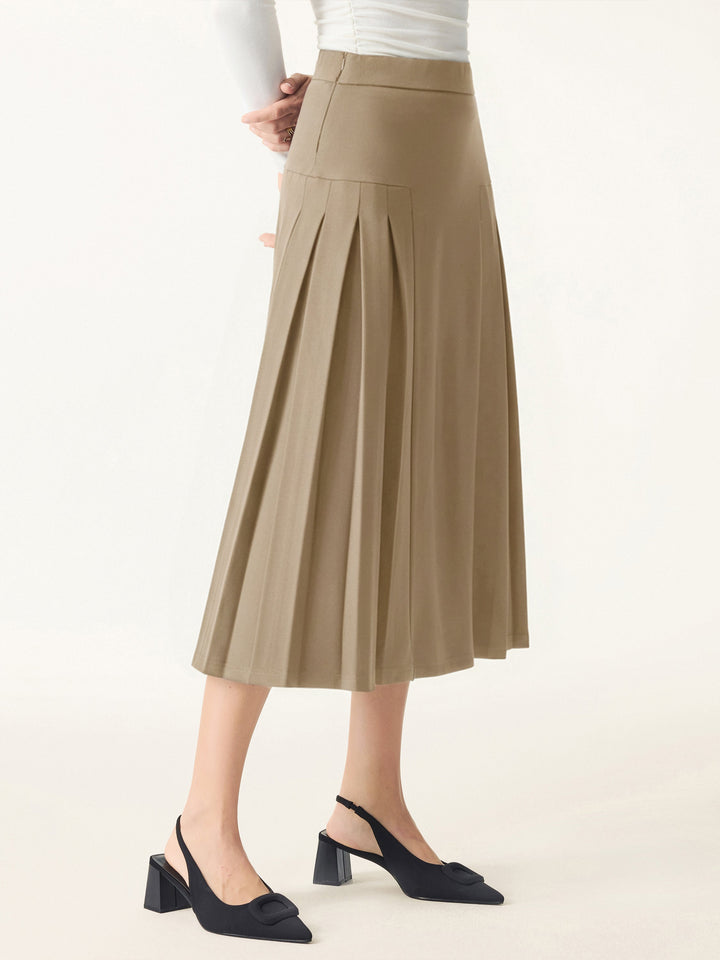 Stretch Ponte Pleated A-line Midi Tailored Skirt
