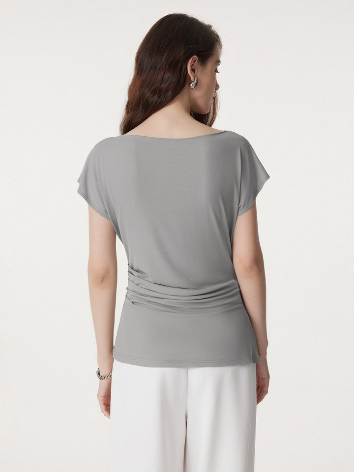 2Pcs Set Boatneck Flutter Sleeve Long Tee & Non-sheer Mid Rise Trouser with Pockets
