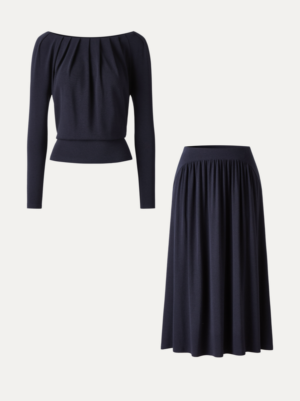 OGLmove 2Pcs Set LiteWarm Boatneck Long Sleeve Tucked Top & High-Rise A-Line Midi Skirt with Pockets