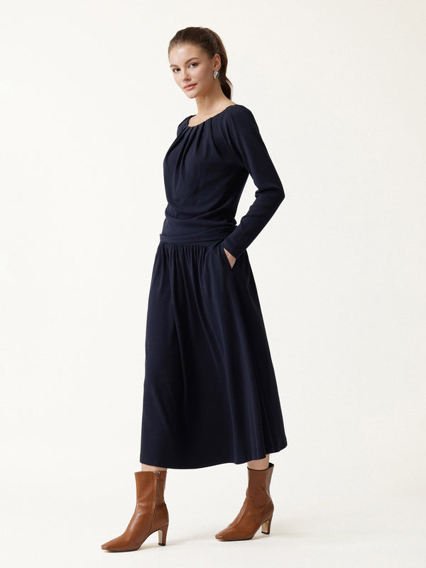 OGLmove 2Pcs Set LiteWarm Boatneck Long Sleeve Tucked Top & High-Rise A-Line Midi Skirt with Pockets Black Navy XXS