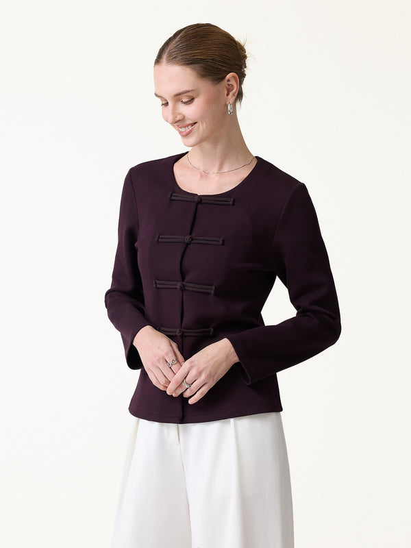 OGLmove Stretch Ponte Frog-Button Round Neck Long Sleeve Jacket Purple Gloam XXS