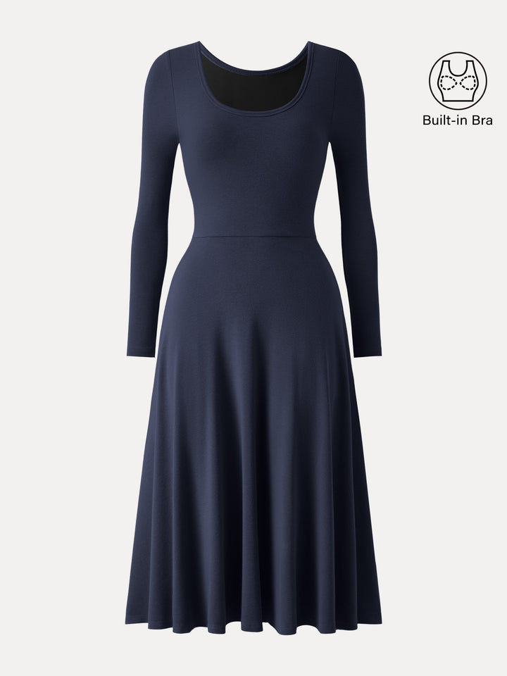 Essential Scoop Neck Long Sleeve Midi Brami Dress with Pockets Midnight Navy XS