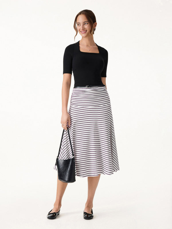 OGLmove 2Pcs Set Striped Tucked Sleeveless Bra Top & Circle Flare Ruched Midi Skirt