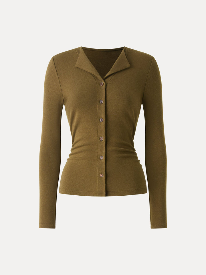 Flapped V-neck Button Front Side Ruched Top Old Brass XS