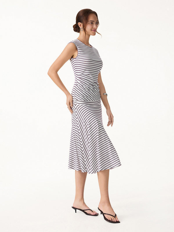 OGLmove 2Pcs Set Striped Tucked Sleeveless Bra Top & Circle Flare Ruched Midi Skirt