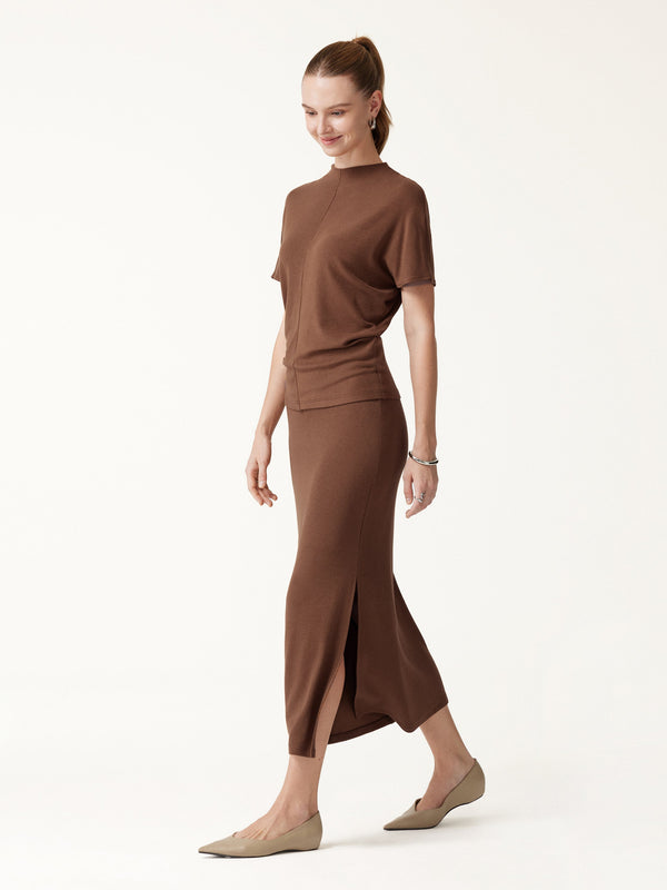 OGLmove 2Pcs Set Mock Neck Cap Sleeve Seamed Top & Mid-Rise Column Midi Skirt Sweet Hazelnut XXS