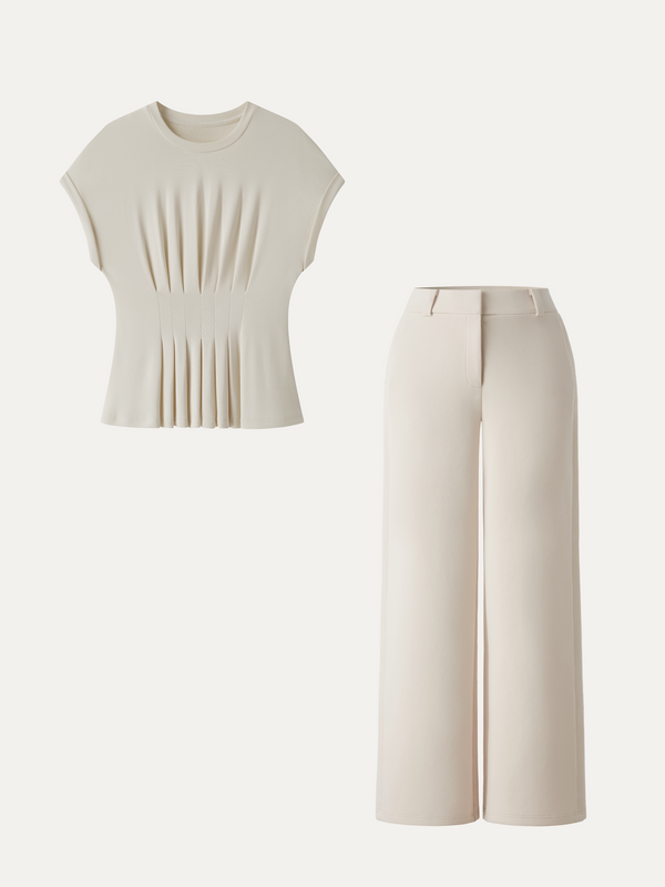 OGLmove 2Pcs Set Round Neck Tee & Mid Rise Fly-Front Wide Leg Trousers