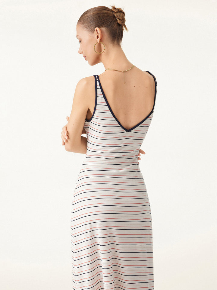 V-neck Low Back Striped Midi Brami Dress with Pockets