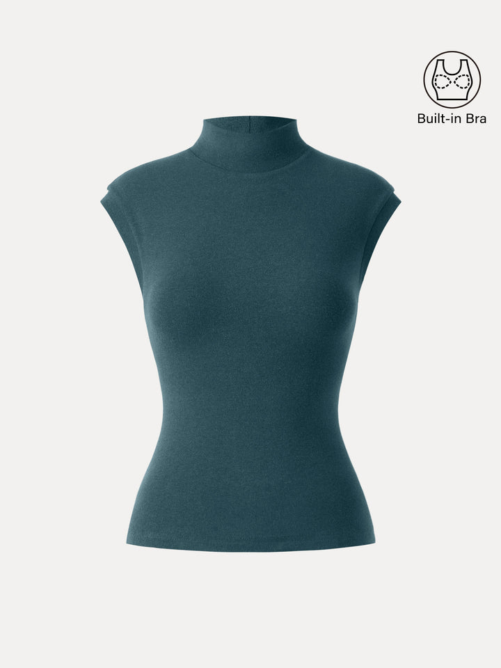 Stretch Cotton Mock Neck Cap Sleeve Brami Top Deep Water XS