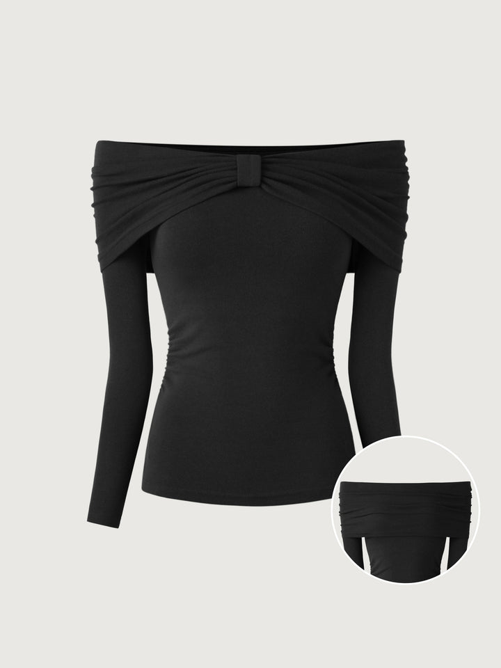 Transformable Bow Cold Shoulder Long Sleeve Brami Top Black 2XL