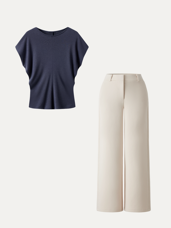 OGLmove 2Pcs Set Round Neck Relaxed Top & Mid Rise Fly-Front Wide Leg Trousers