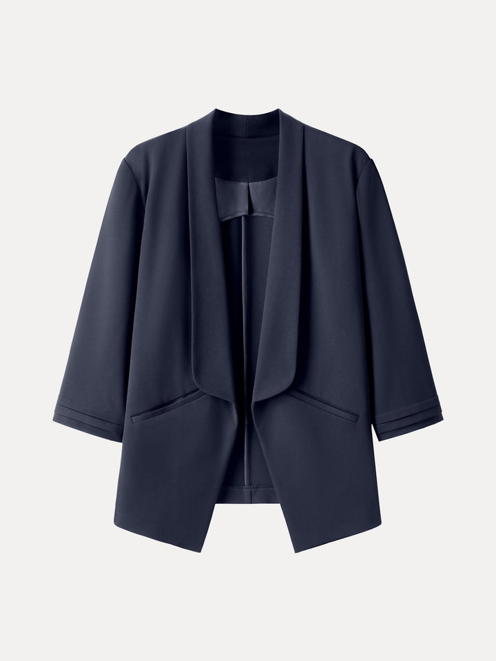 Stretch Ponte Shawl Lapel 3/4 Sleeve Blazer with Pockets Black Navy XS
