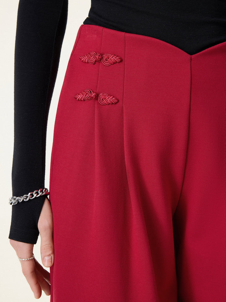 Statement Frog Button High Rise Wide Leg Pants with Pockets