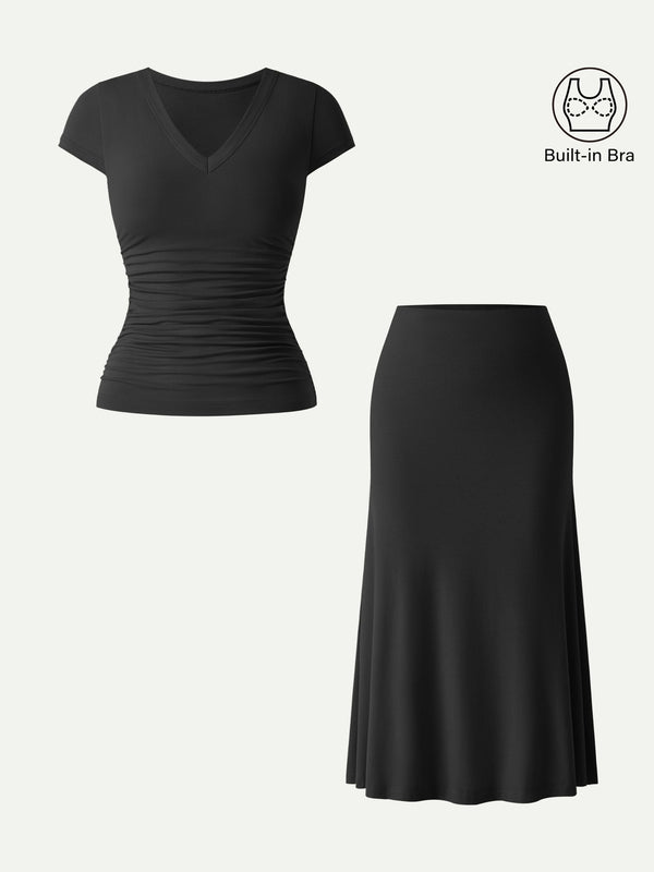 OGLmove 2Pcs Set V-neck Cap Sleeve Bra Tee & Pull-on Mermaid Midi Skirt Black XS