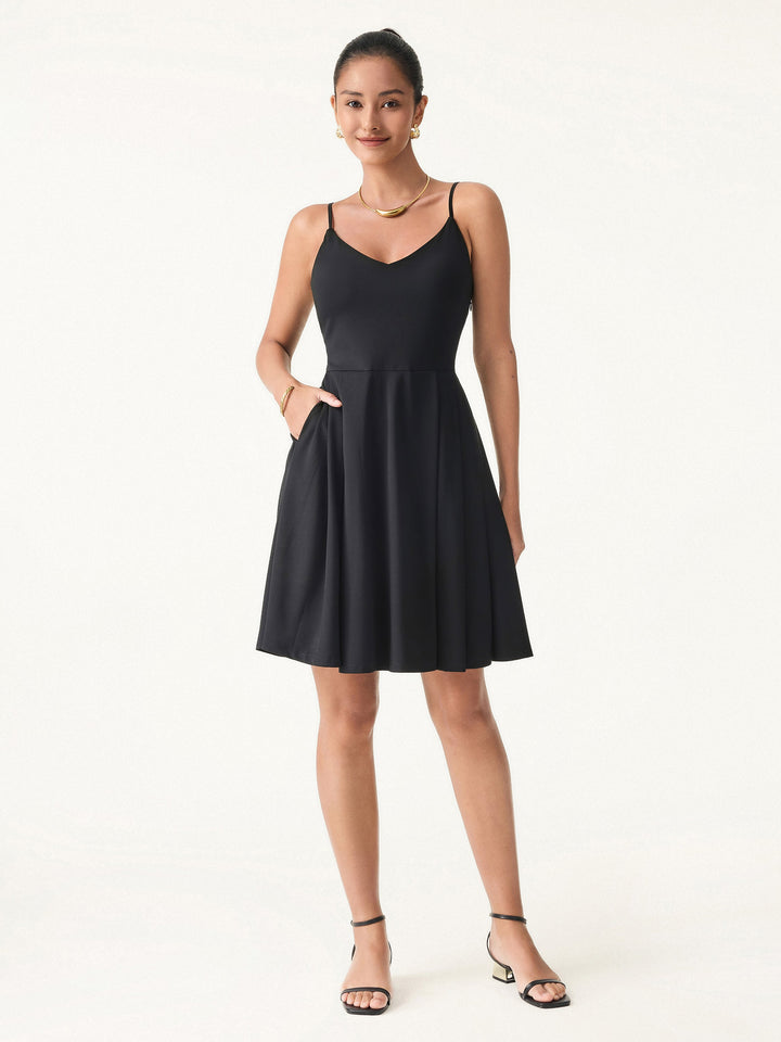 Bamboo Ponte V-neck Fit-and-flare Mini Brami Dress with Pockets