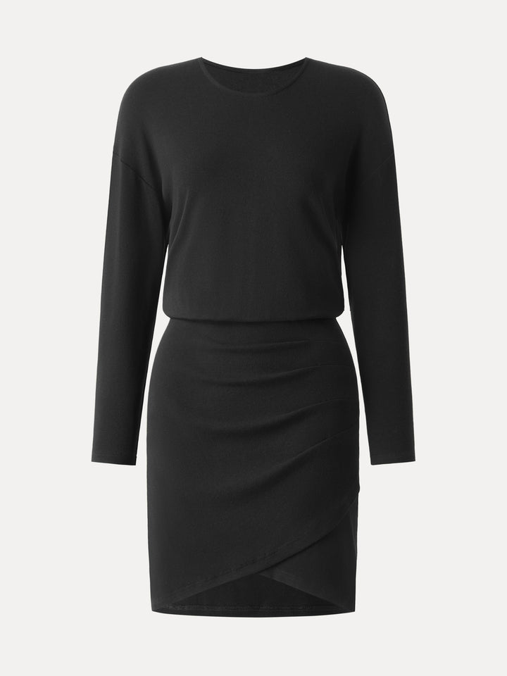 Round Neck Long Sleeve Surplice Hem Mini Dress