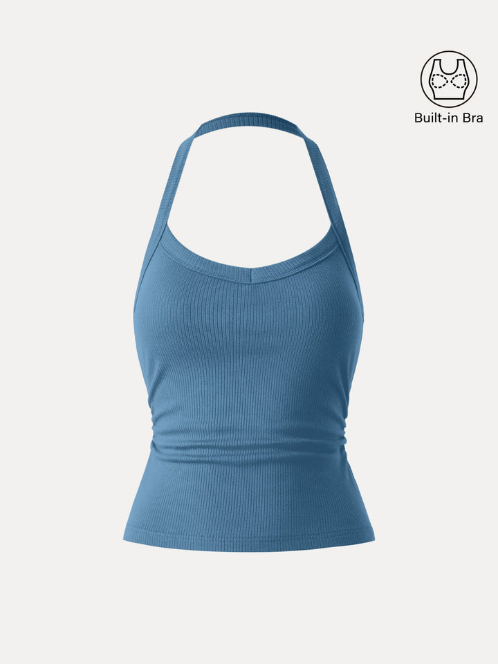 Halter Neck Side Ruched Ribbed Brami Tank