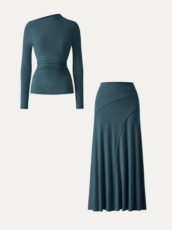 OGLmove 2Pcs Set Asymmetrical Long Sleeve Bra Top & A-Line Midi Skirt