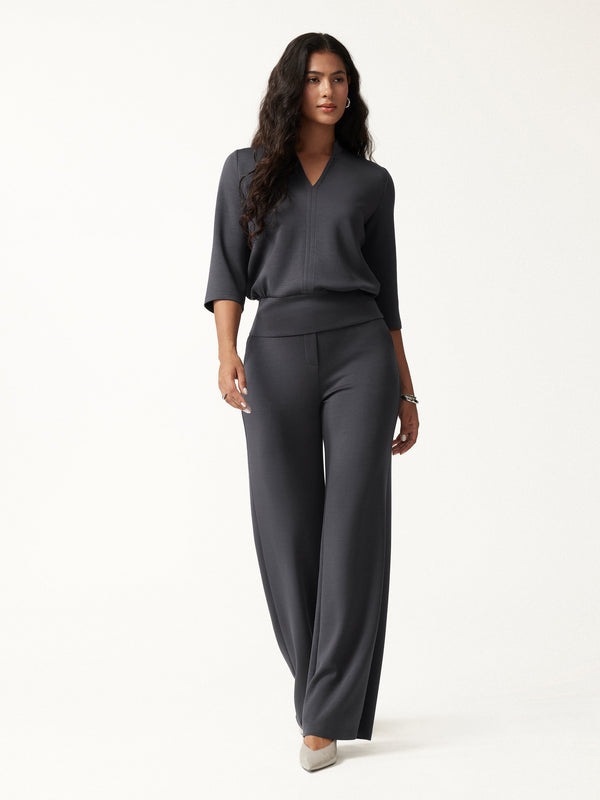 OGLmove 2Pcs Set V-Neck Elbow Sleeve Top & High-Rise Wide Leg Pants with Pockets Blue Charcoal XXS
