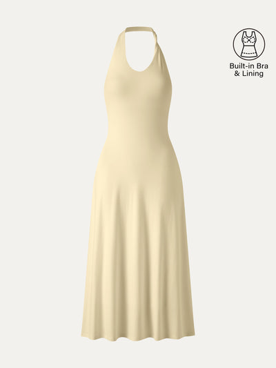 OGLmove Ponte Halter Neck Open Back Bra Dress Pale Yellow XS