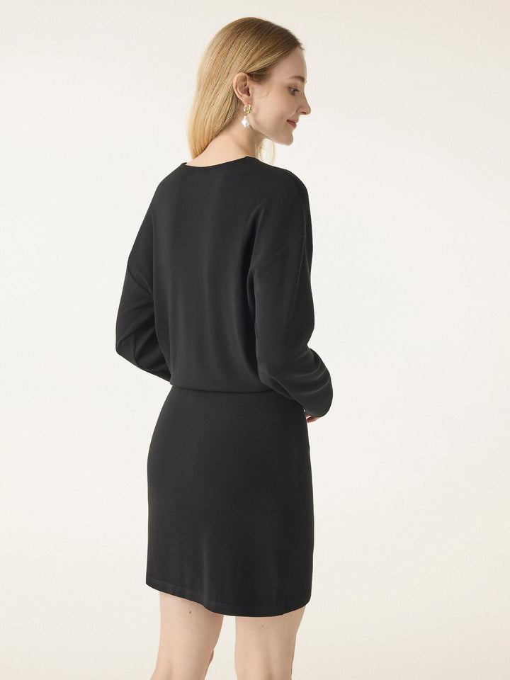 Round Neck Long Sleeve Surplice Hem Mini Dress