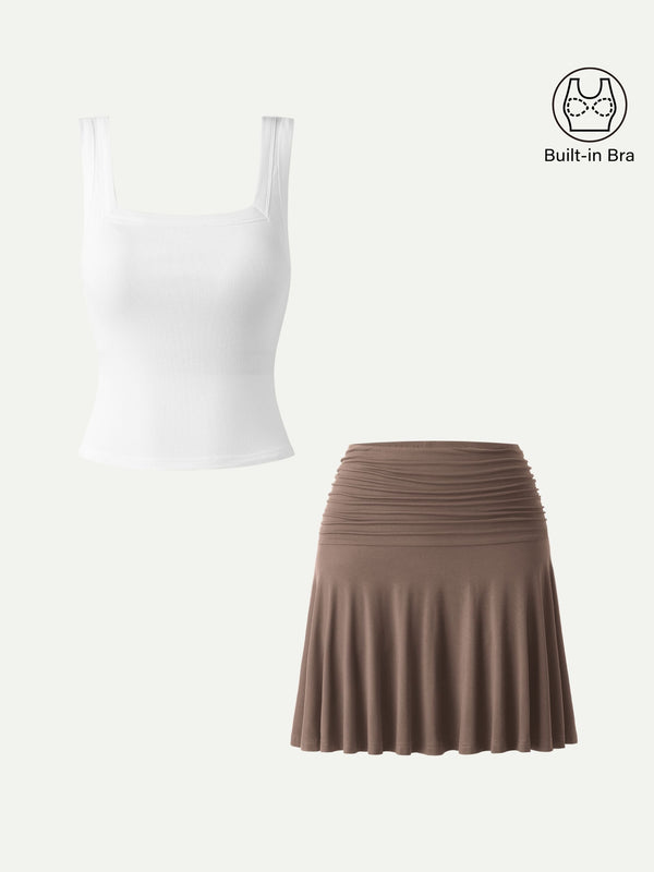 OGLmove 2Pcs Set Square Open-Back Bra Tank & Mini Circle Skirt with Lined Shorts