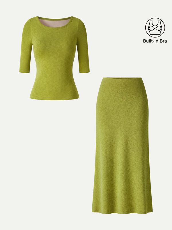 OGLmove 2Pcs Set Round Neck Elbow Sleeve Bra Top & Side-Slit A-Line Midi Skirt
