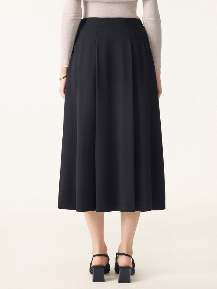 Wrinkle-Resistant A-line Tucked Pull-on Midi Skirt with Pockets