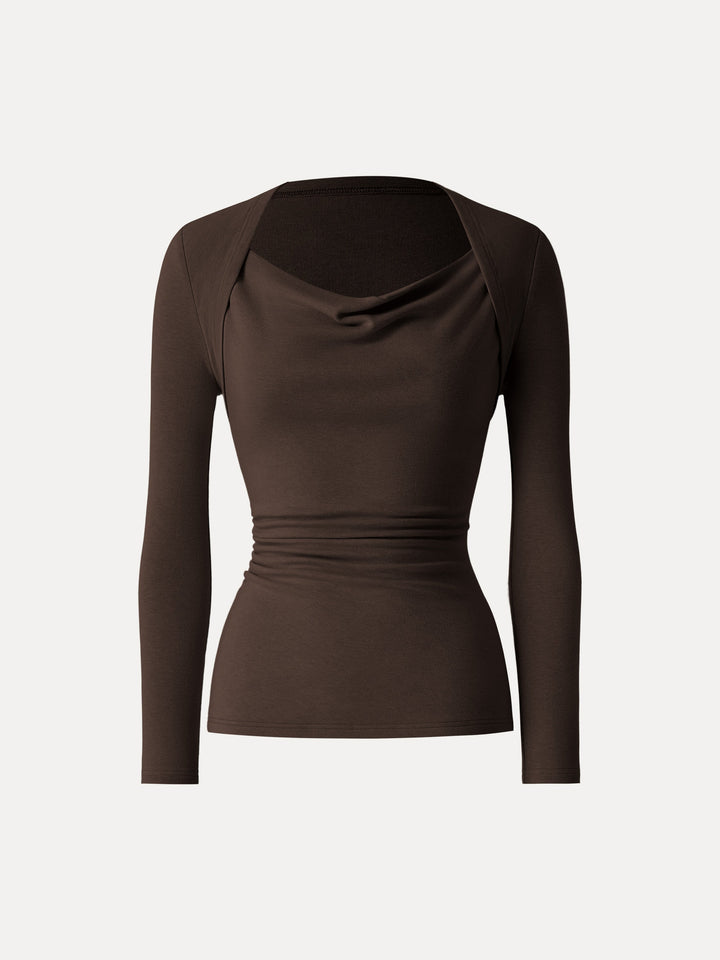 LiteWarm Cowl Neck Ruched Waist Top Espresso XS